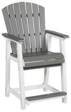Gray barstool with vertical slat back, white frame, gray cushioned seat and armrests