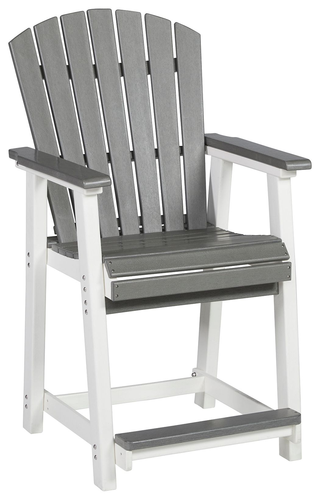 Gray barstool with vertical slat back, white frame, gray cushioned seat and armrests