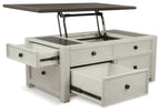Lift-top cocktail table with raised tabletop and open storage drawers, white finish