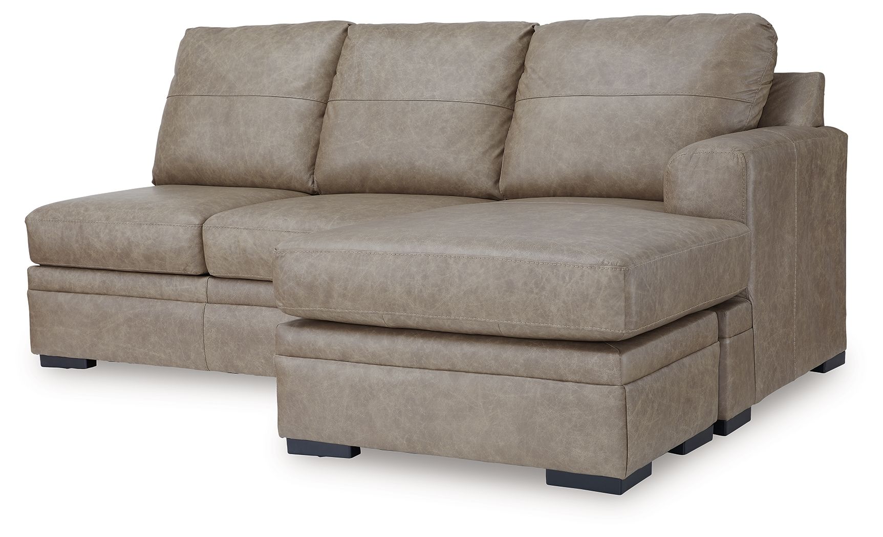 Beige fabric sofa chaise with wide chaise seat, three back cushions, and block legs