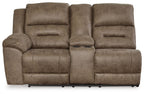Power reclining loveseat with console in fossil brown, split backrests and center console