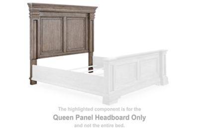 Queen panel headboard, light grayish-brown wood with paneled front and posts