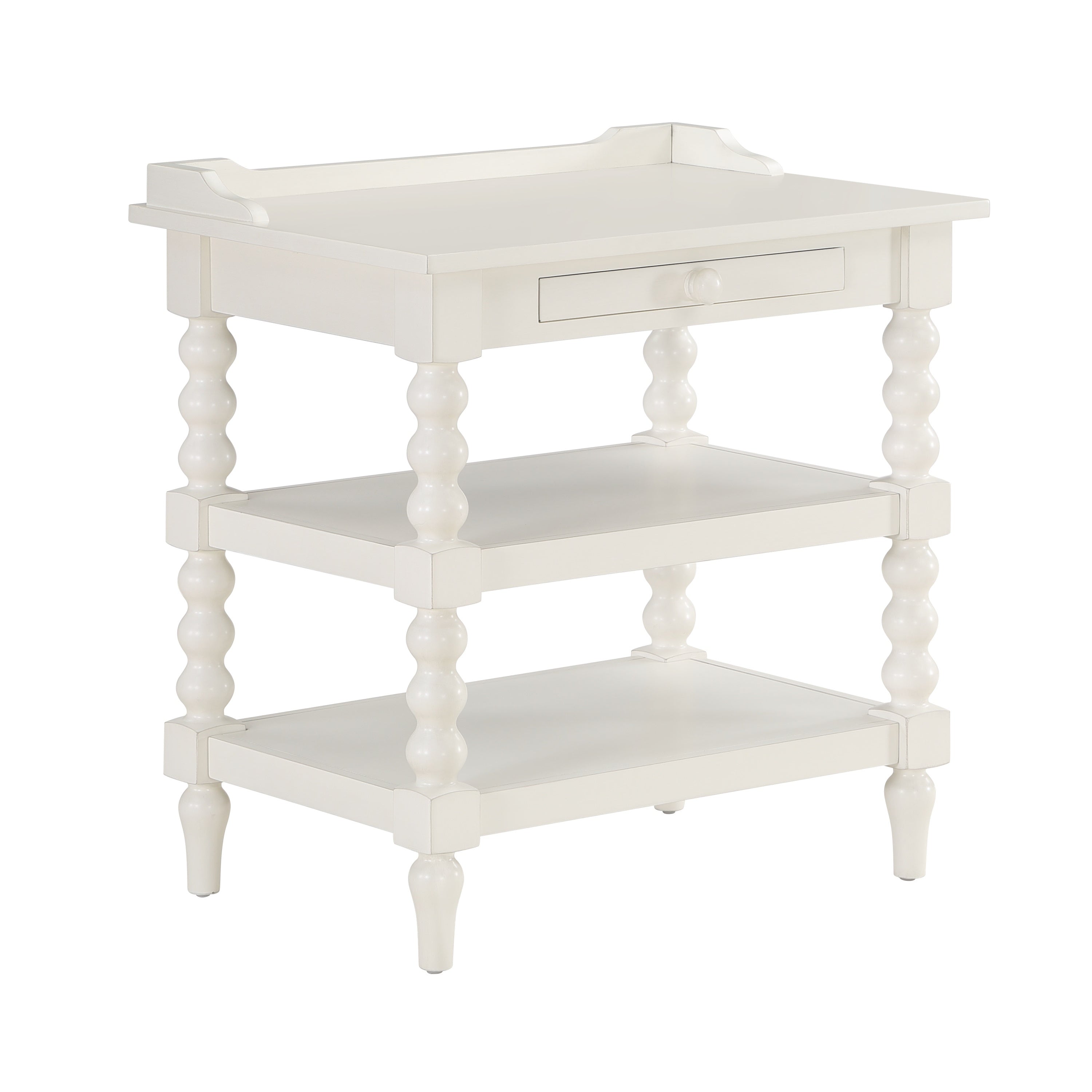Aria Antique White Vintage Nightstand: Wood, Tray, Shelves, Spool Legs