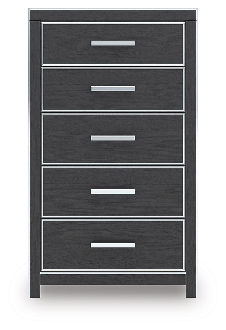 Black five-drawer chest with five silver bar handles