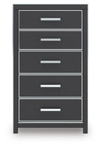 Black five-drawer chest with five silver bar handles