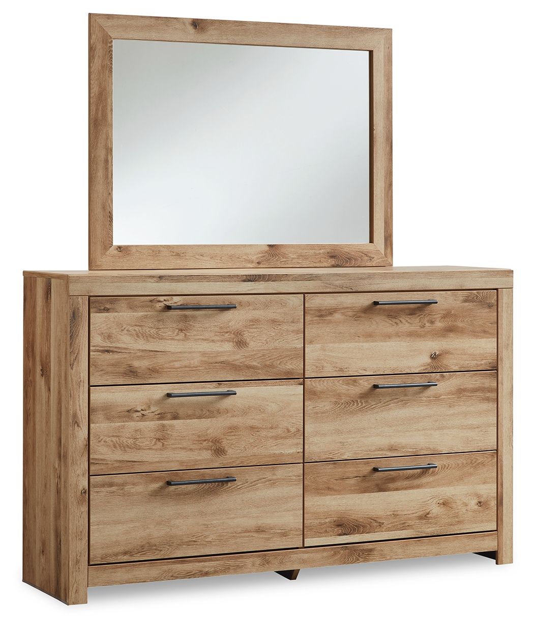 Tan wood dresser with framed mirror and six drawers, dark metal bar pulls