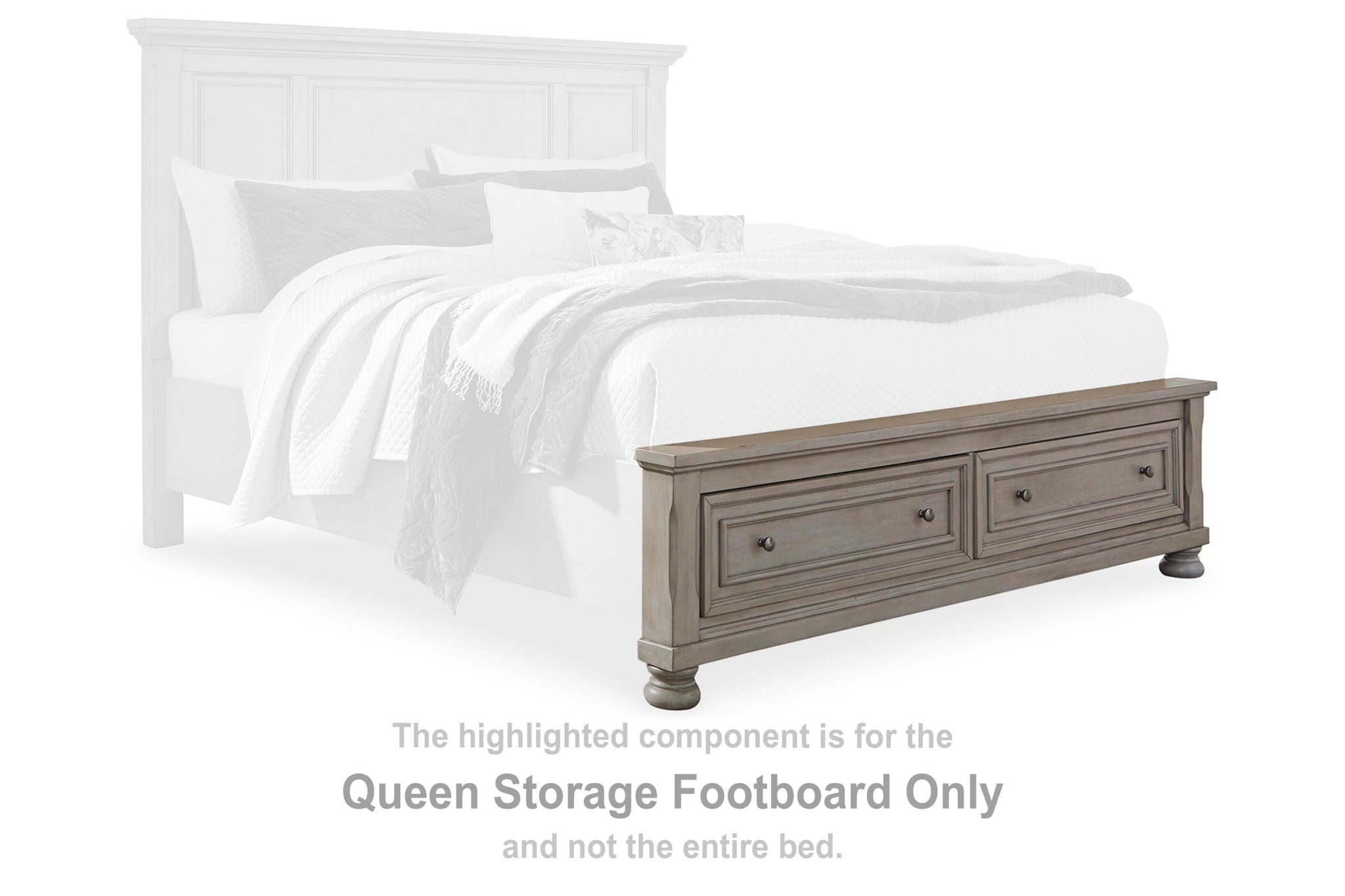 Light gray queen storage footboard with two drawers