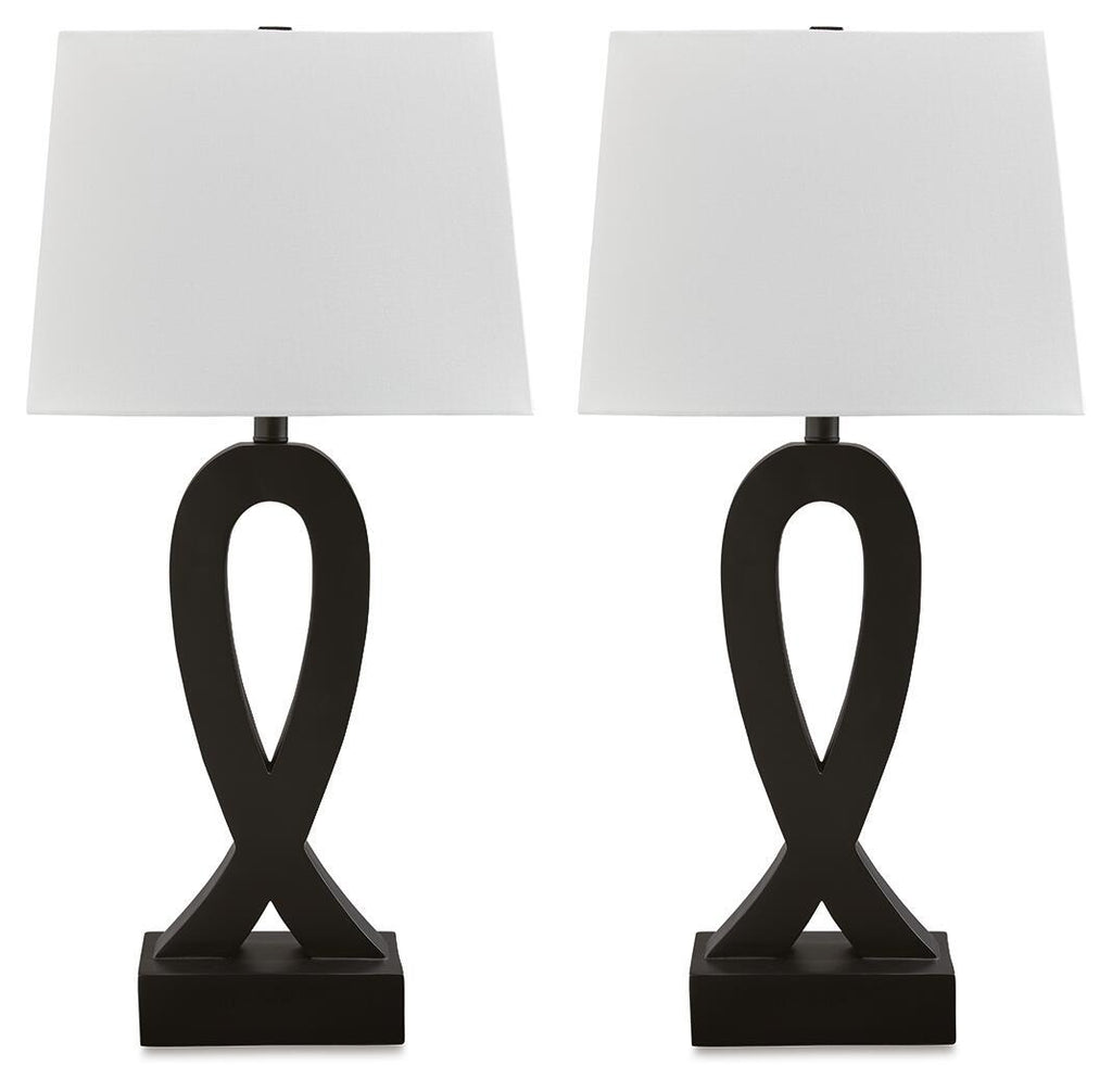 Set of 2 black table lamps with white fabric shades and sculpted base