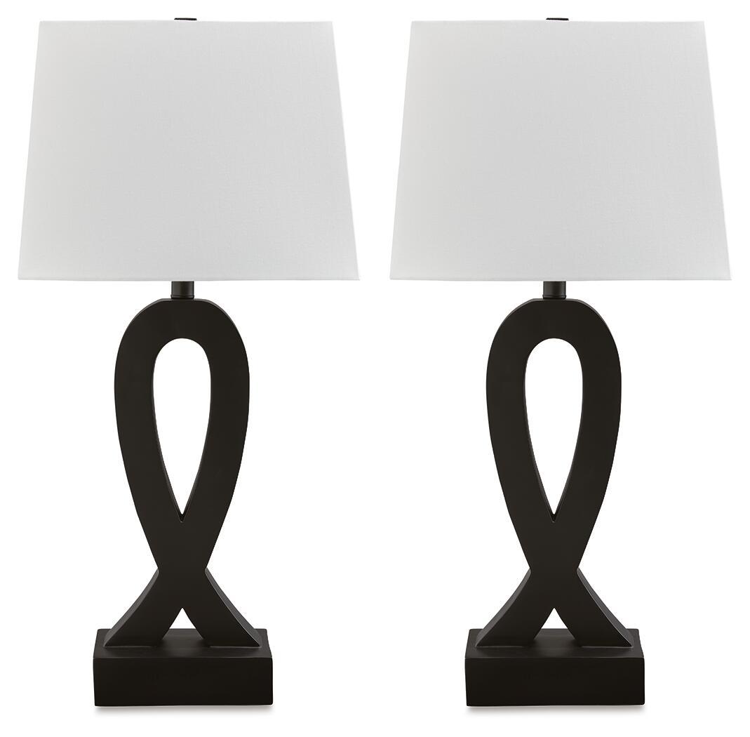 Set of 2 black table lamps with white fabric shades and sculpted base