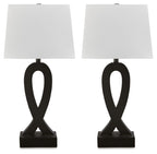 Set of 2 black table lamps with white fabric shades and sculpted base
