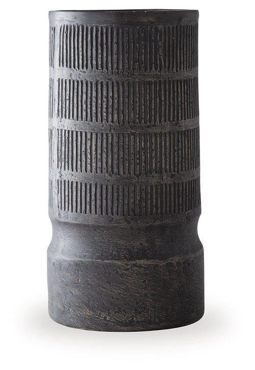 Beninworth vase, black ceramic with vertical ribs and two horizontal banded rows.