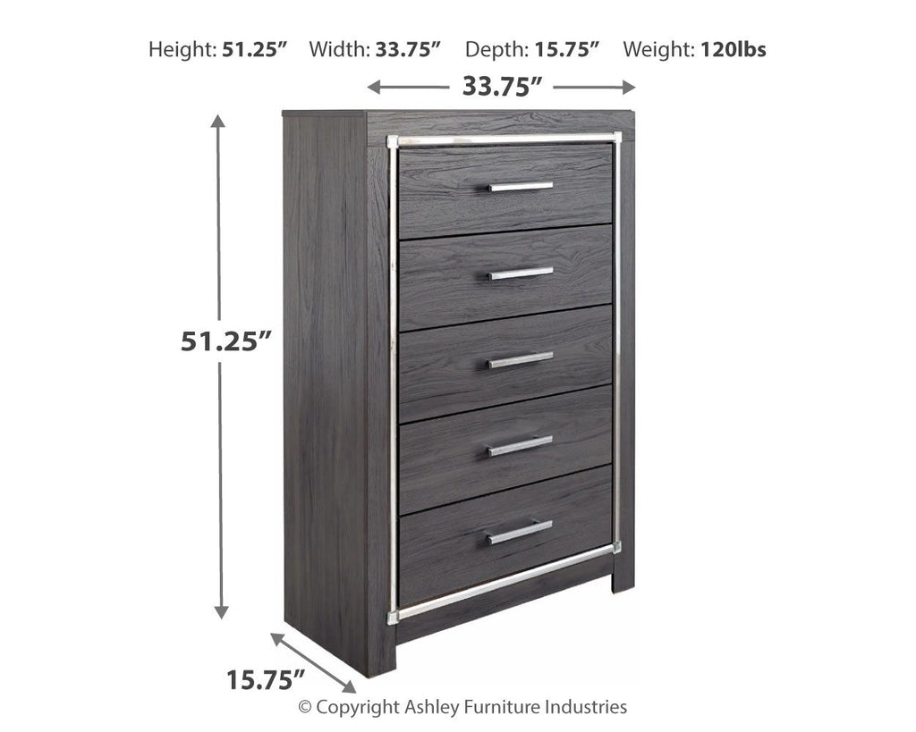 Gray five-drawer chest with metal bar handles and angled side panels