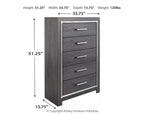 Gray five-drawer chest with metal bar handles and angled side panels