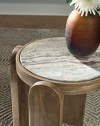 Round accent table top with gray marble-look surface and brown wood apron edge.