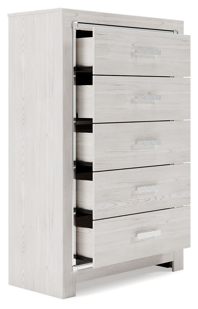 White panel dresser with open drawer compartments and metal hardware.