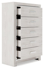 White five-drawer chest with one drawer open, metal frame and pull handles