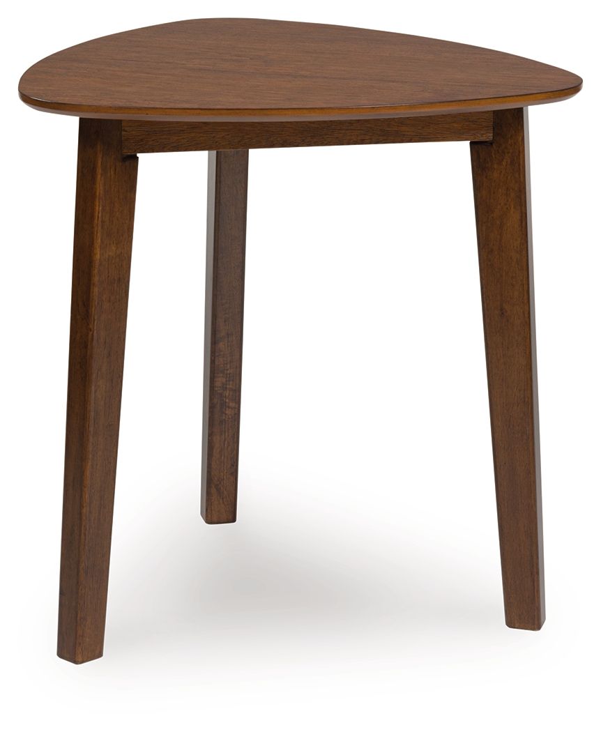 Brown wood side table with round top and four tapered legs