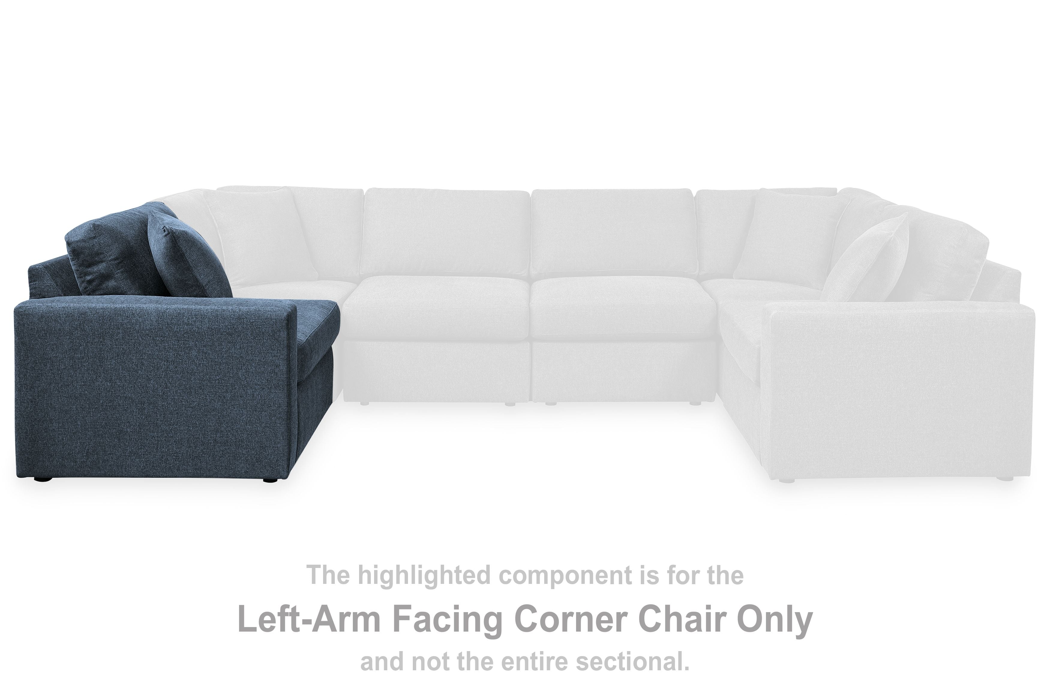 Dark blue left-facing corner chair component with wide seat and two back cushions