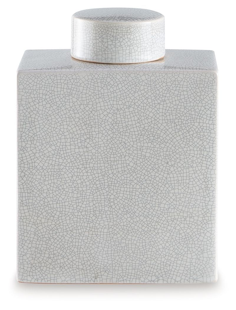 Haddworth jar front view in white crackle texture with round lid