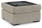 Light beige storage ottoman with open lid showing a black tray
