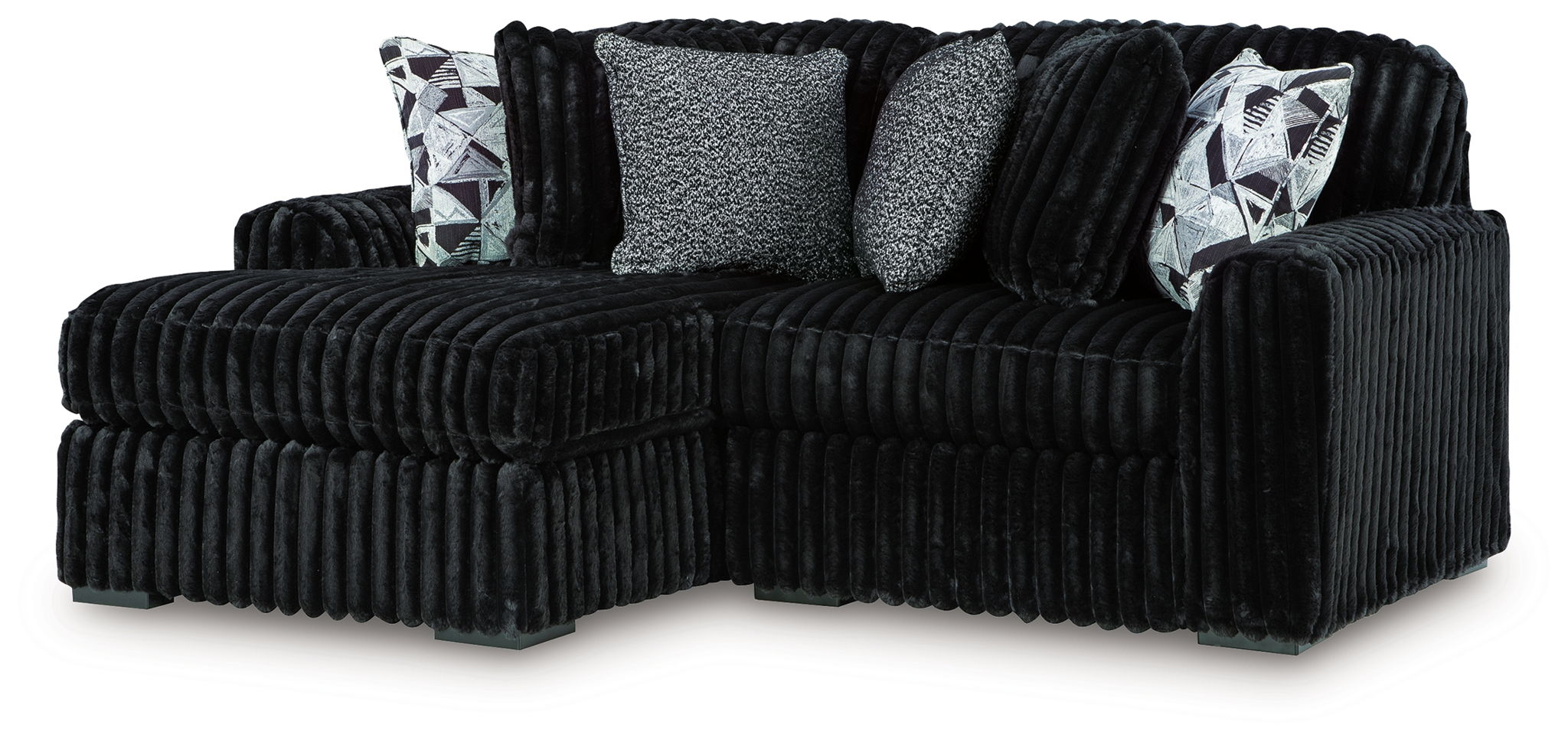 Sectional sofa with chaise, black corded fabric and gray throw cushions