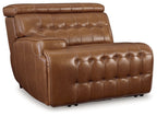 Chocolate brown leather wall-power recliner with tufted back and padded arms