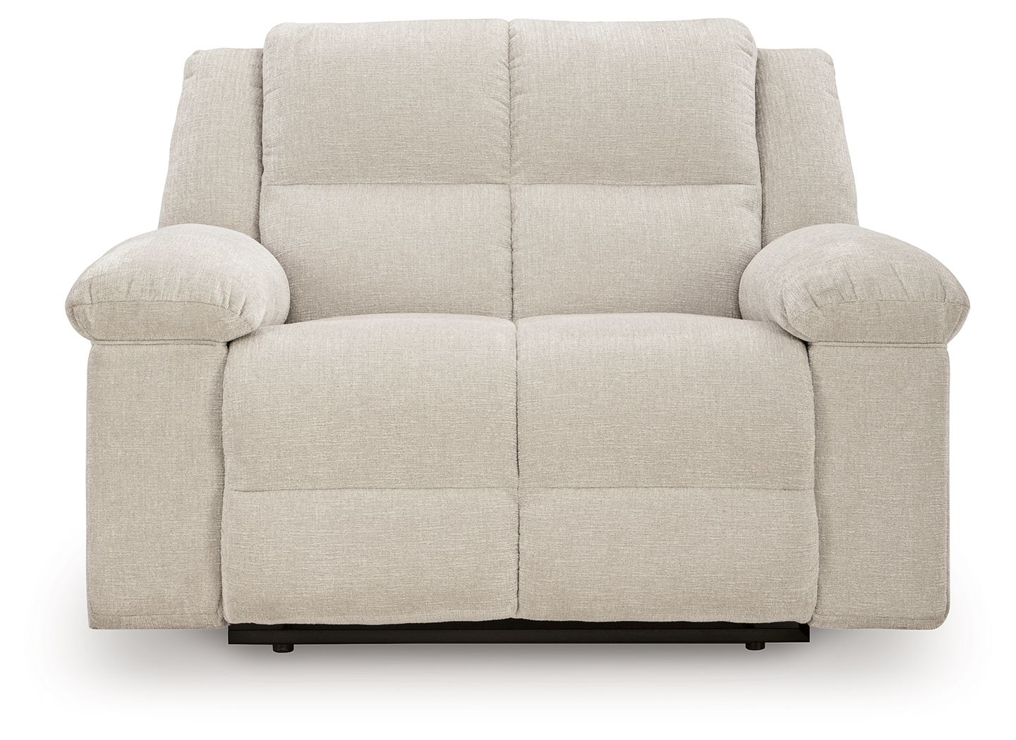 Recliner chair in light beige with rounded arms, cushioned back, and center seam