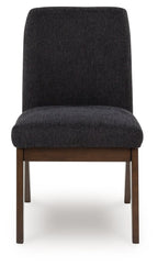Upholstered dining side chair front view, dark fabric seat and back with brown wooden legs
