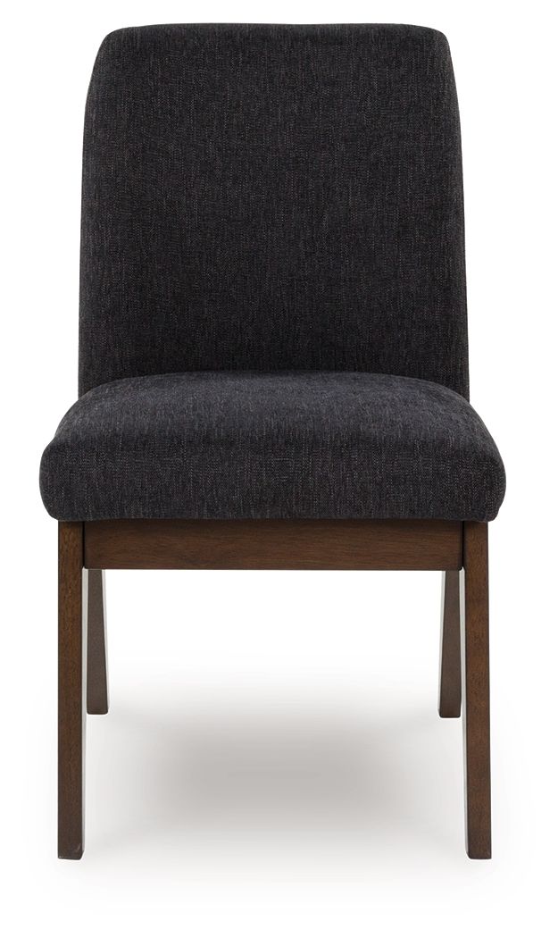 Upholstered dining side chair front view, dark fabric seat and back with brown wooden legs