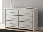 Six-drawer dresser in light gray/white with six drawers and silver bar handles.