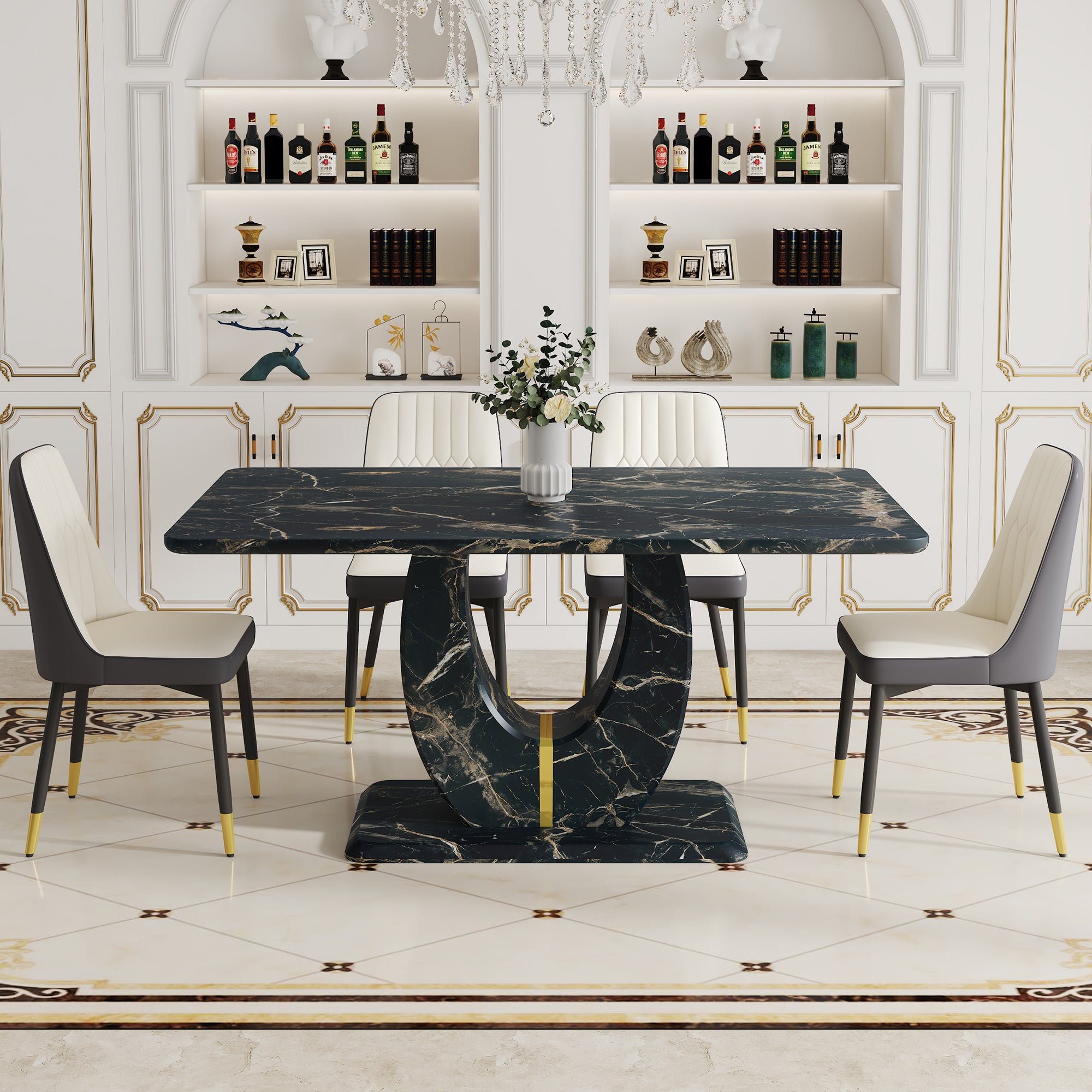 Black Marble Dining Set w/ 4 Chairs