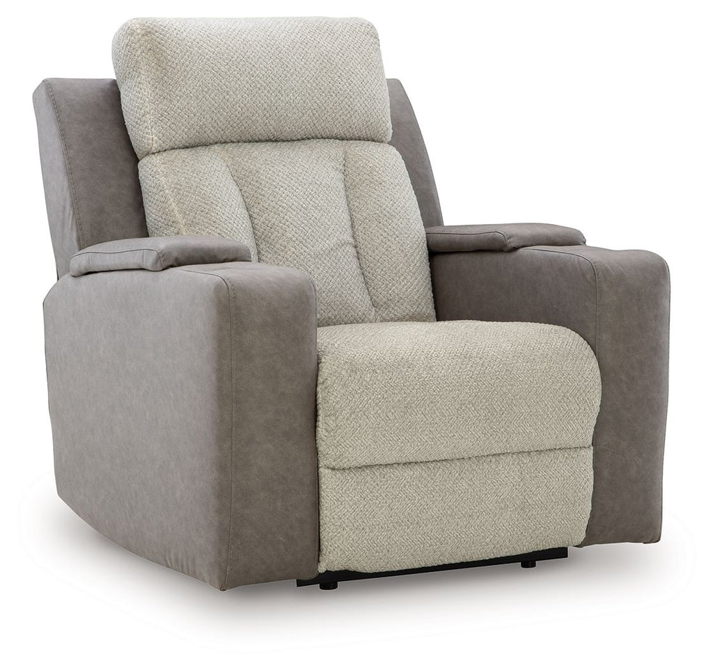 Fabric power recliner with adjustable headrest, cushioned arms, beige and gray upholstery.