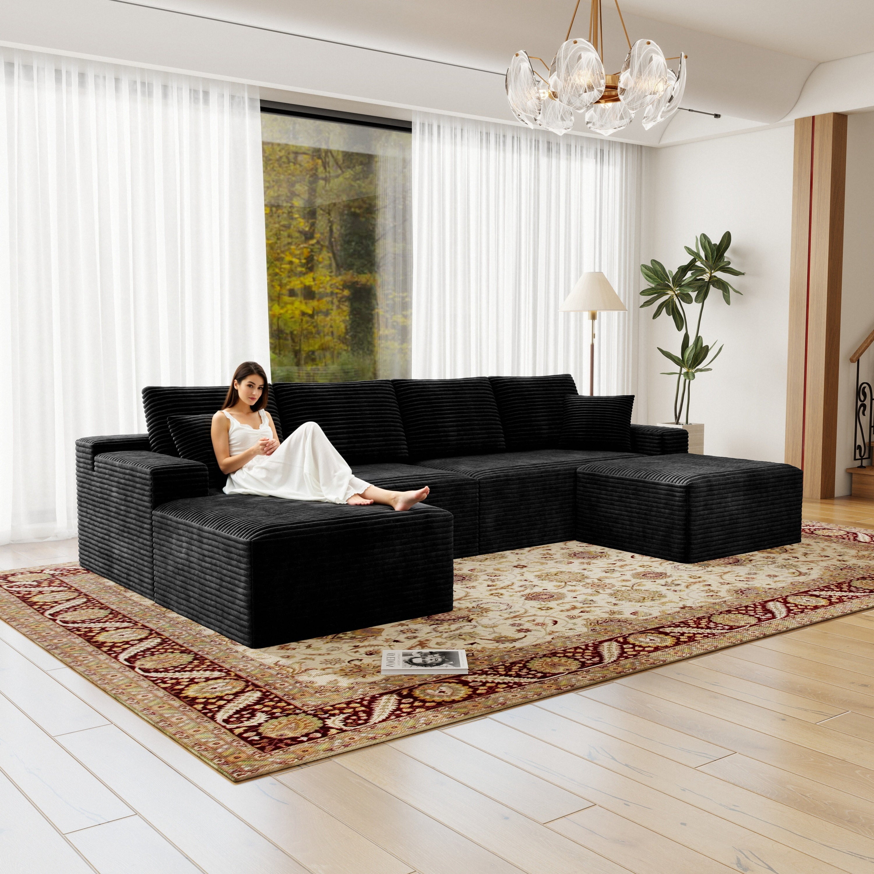 Plush Black Corduroy Modular Sectional Sofa - No Assembly