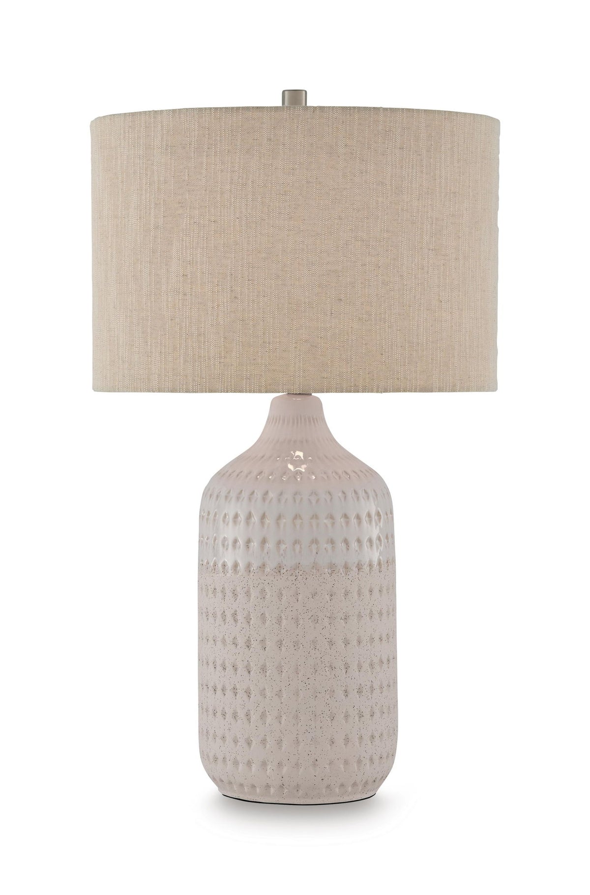 Textured white ceramic table lamp with beige drum shade and metal socket