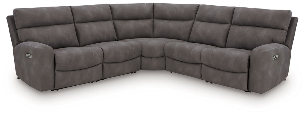 Dark gray power reclining sectional sofa with corner chaise and smooth tufted seat backs
