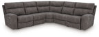 Dark gray power reclining sectional sofa with corner chaise and smooth tufted seat backs