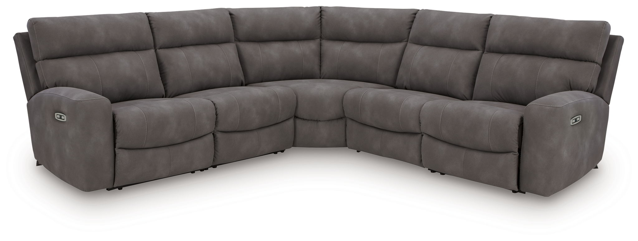 Dark gray power reclining sectional sofa with corner chaise and smooth tufted seat backs