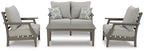 Outdoor lounge set in gray: sofa, two armchairs, and rectangular coffee table