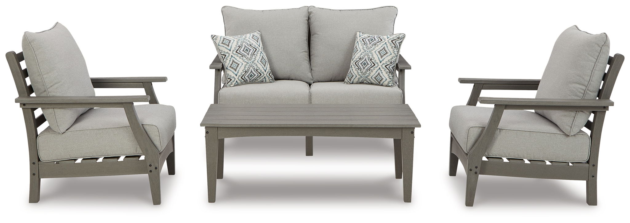 Outdoor lounge set in gray: sofa, two armchairs, and rectangular coffee table
