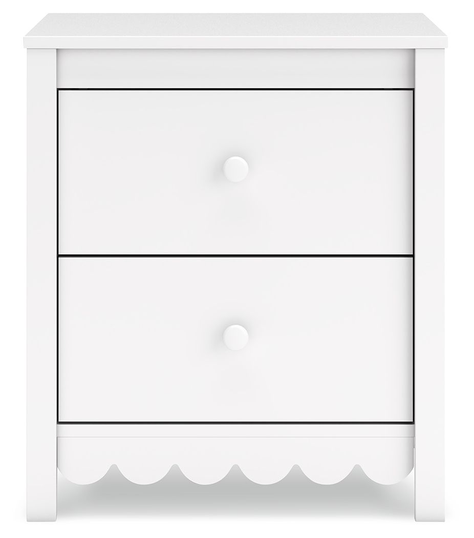 White two-drawer nightstand with two round knobs and scalloped base panel