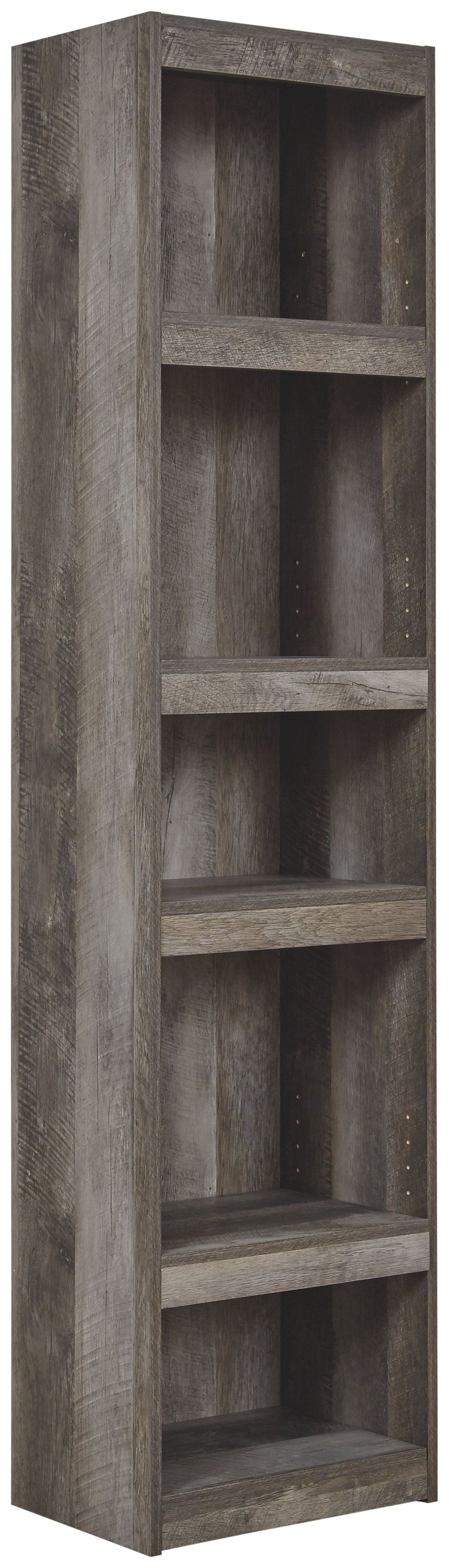 Gray wood open shelving cabinet with multiple fixed shelves