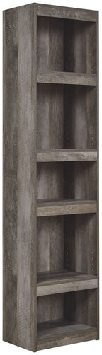 Gray wood open shelving cabinet with multiple fixed shelves
