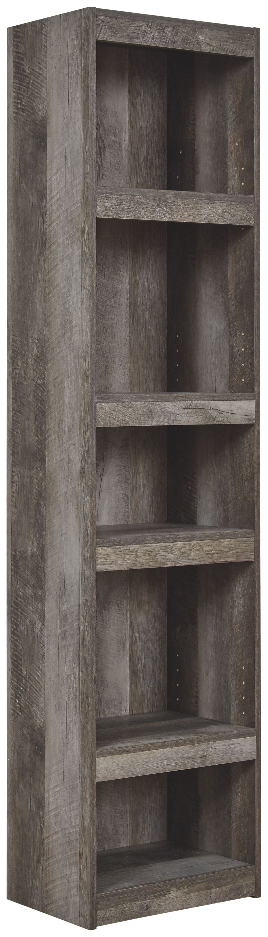 Gray wood open shelving cabinet with multiple fixed shelves