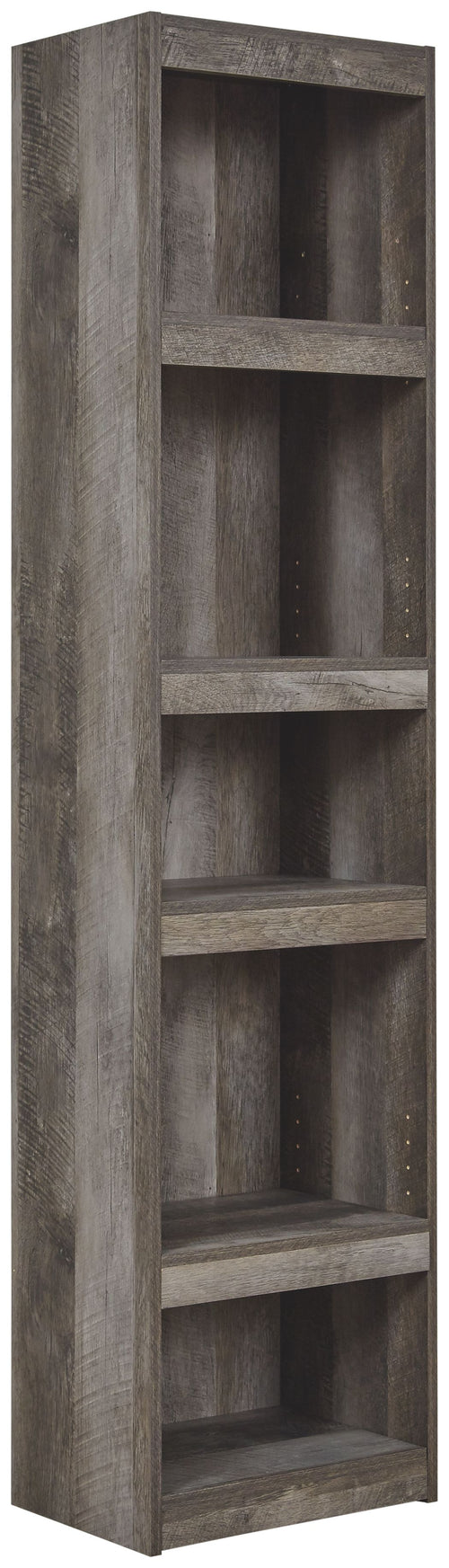 Gray wood open shelving cabinet with multiple fixed shelves