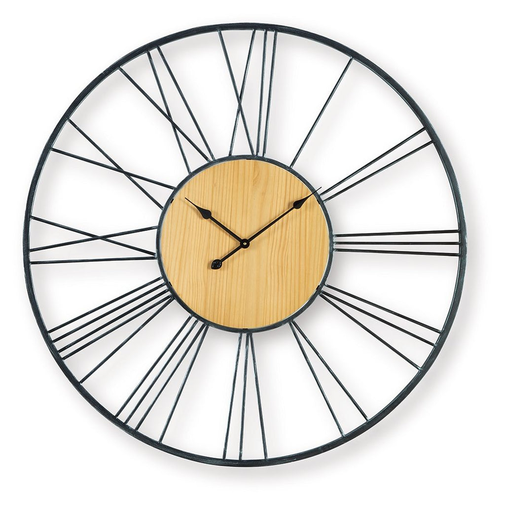 Round wood-dial wall clock with black metal ring, thin spoke-style marks, and hands