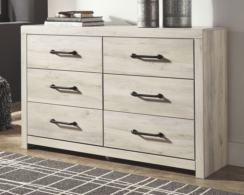 Cambeck whitewash dresser with six drawers and black bar handles, smooth front panels
