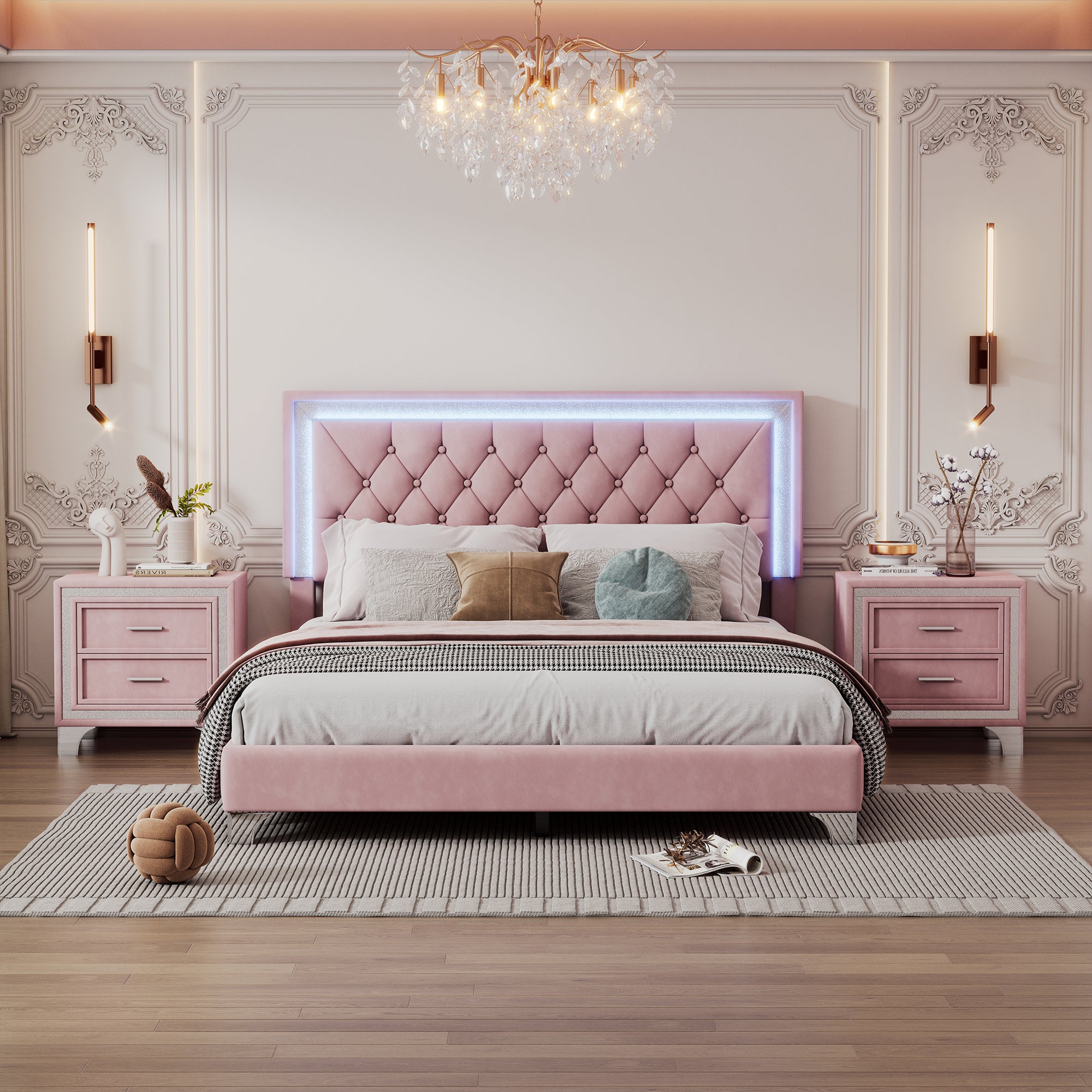Pink Queen Upholstered Bed Set w/ LED Lights & Nightstands