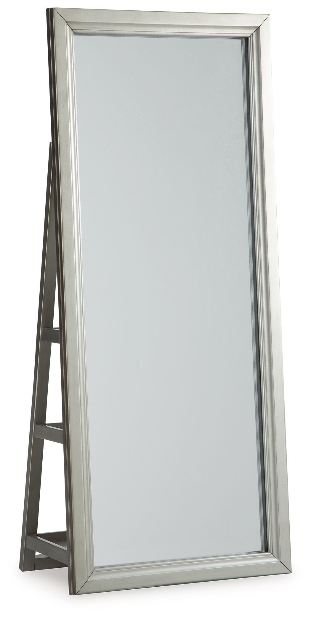 Champagne floor standing mirror with storage shelves and A-frame stand, full-length.