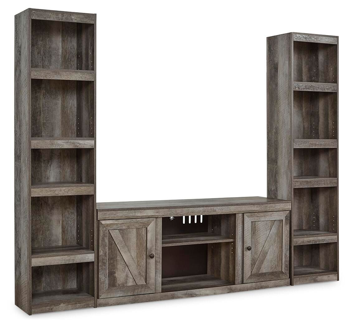 Gray 3-piece entertainment center with two tall open shelves and low console with doors