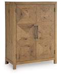 Light brown wooden cabinet with two paneled doors and blue metal handles
